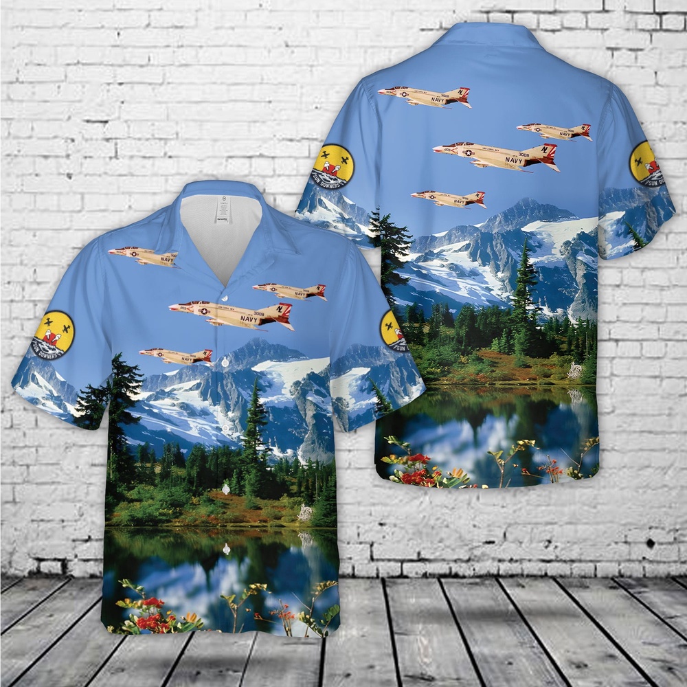 Us Navy Hawaiian Shirt, US Navy F-4B Phantom II of VF-111 Sundowners Hawaiian Shirts, Military Aloha Shirt