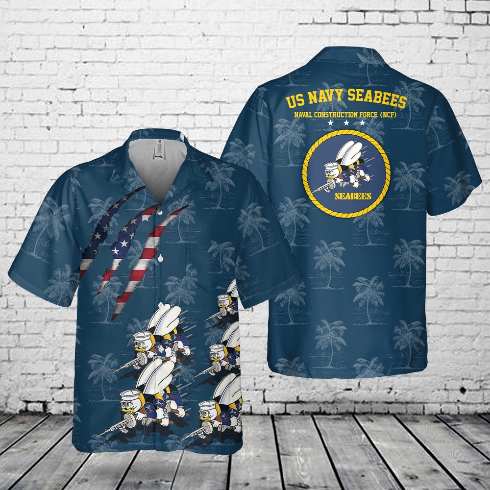 Us Navy Hawaiian Shirt, US Navy SEABEES Naval Construction Force (NCF) Pocket Hawaiian Shirt, Military Aloha Shirt