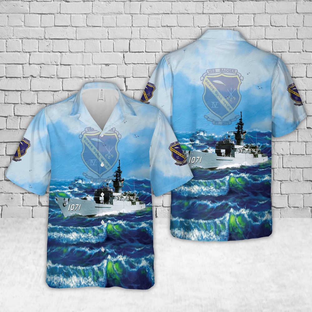 Us Navy Hawaiian Shirt, US Navy USS Badger (FF-1071) Hawaiian Shirts, Military Aloha Shirt