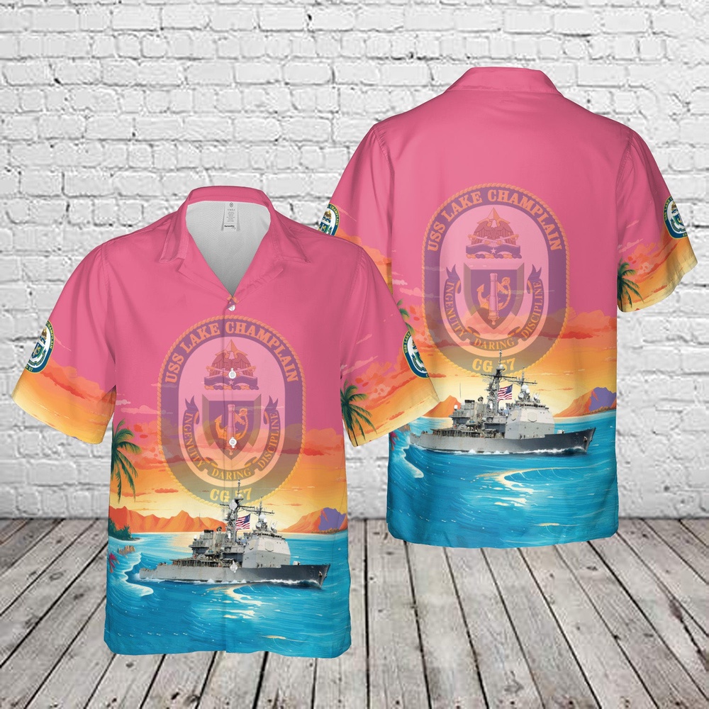 Us Navy Hawaiian Shirt, US Navy USS Lake Champlain (CG-57) Ticonderoga-class guided missile cruiser Hawaiian Shirt, Military Aloha Shirt