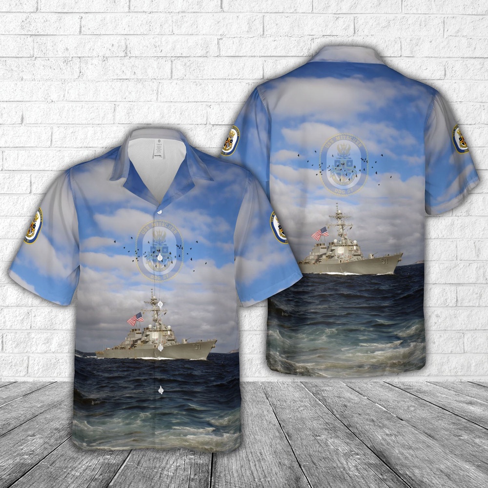 Us Navy Hawaiian Shirt, US Navy USS Mitscher (DDG-57) Arleigh Burke class Hawaiian Shirt, Military Aloha Shirt