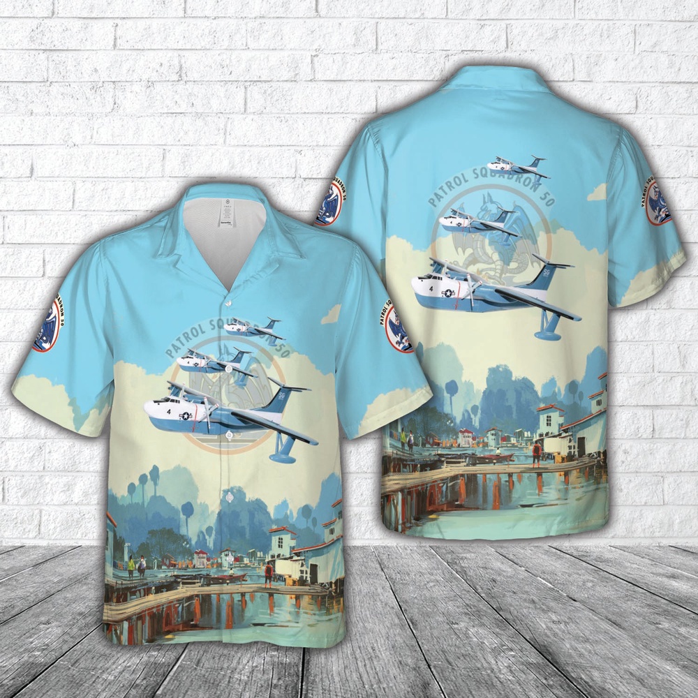 Us Navy Hawaiian Shirt, US Navy VP-50 Blue Dragon Martin P5M Marlin Hawaiian Shirt, Military Aloha Shirt