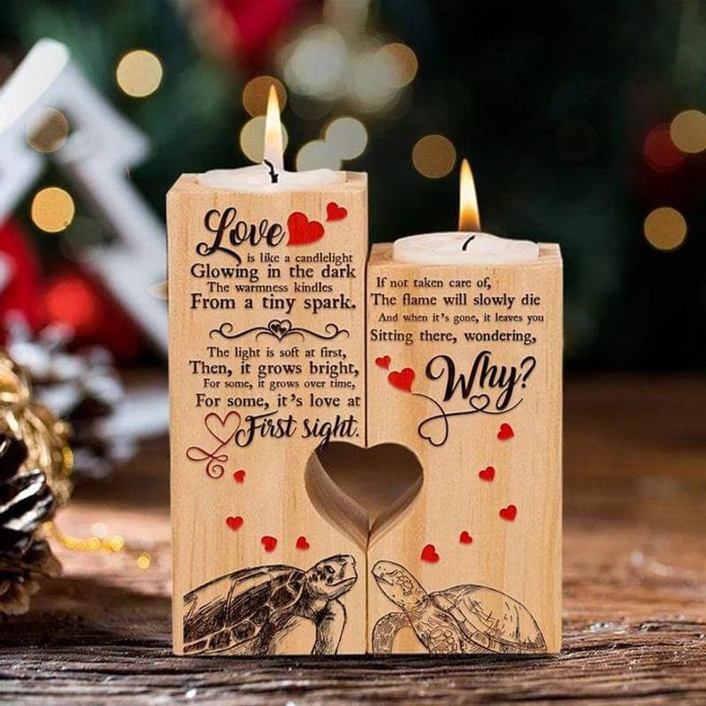 Valentine Candle Holder, Couple Turtles Husband Wife Valentine Candle Holder Love Is Lke Candlelight Heart Wooden Candlestick
