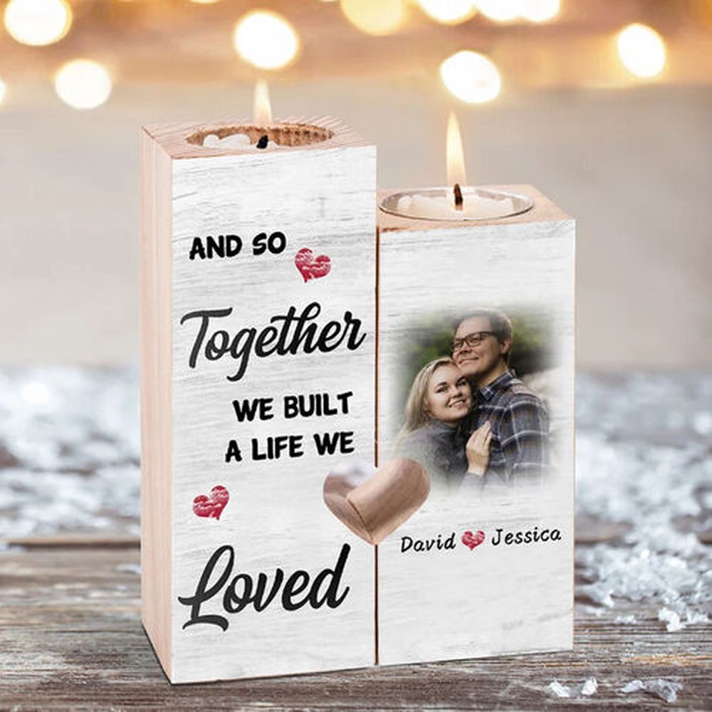 Valentine Candle Holder, Personalized Couple Photo Candle Holder Wooden Candlesticks Romantic Gift