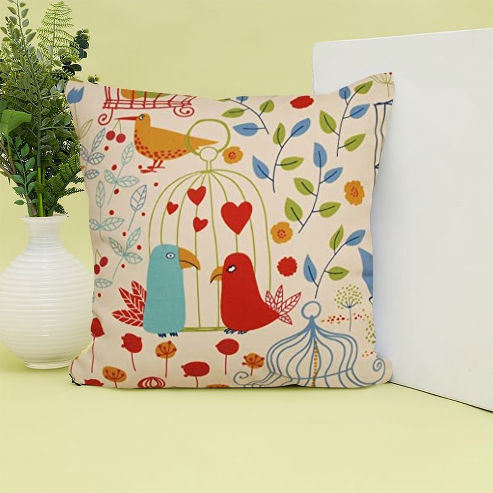 Valentine Pillow, Bird Couple In Love Bird Cage Happy Valentine’s Day Bird Love Heart