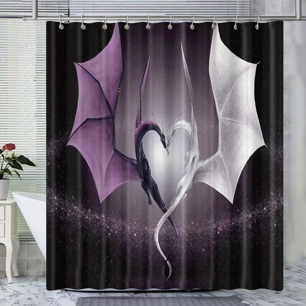 Valentine Shower Curtain, Galaxy Dragon Couple Lover Happy Valentine Dragon Empire Christmas Gift