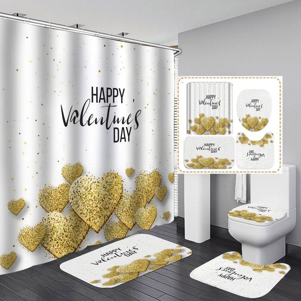Valentine Shower Curtain, Happy Valentines Day Gift Shower Curtain Set Glitter Heart Bathroom Curtain Valentine
