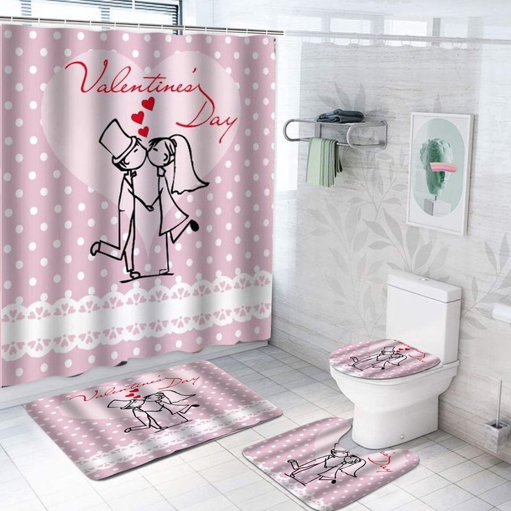 Valentine Shower Curtain, Love Kiss Couple Polka Dot Pattern Shower Curtain Sets Happy Valentines Day