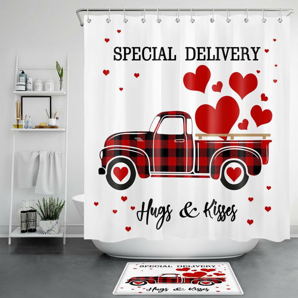 Valentine Shower Curtain, Valentines Special Delivery Shower Curtains Happy Valentines Day Girlfriend Bathroom Decor