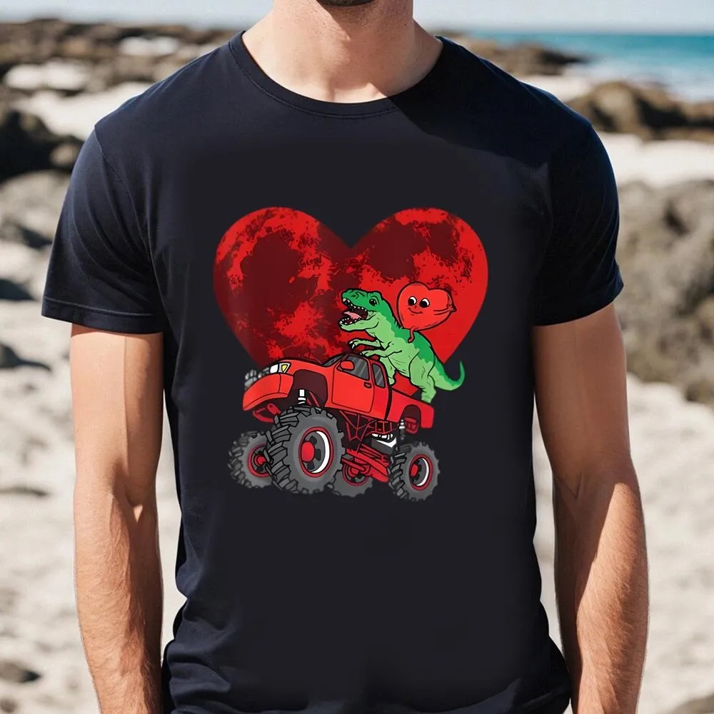 Valentine T-Shirt, Heart Dinosaur Riding Monster Truck Valentines Day Moon Shirt, Valentine Day Shirt