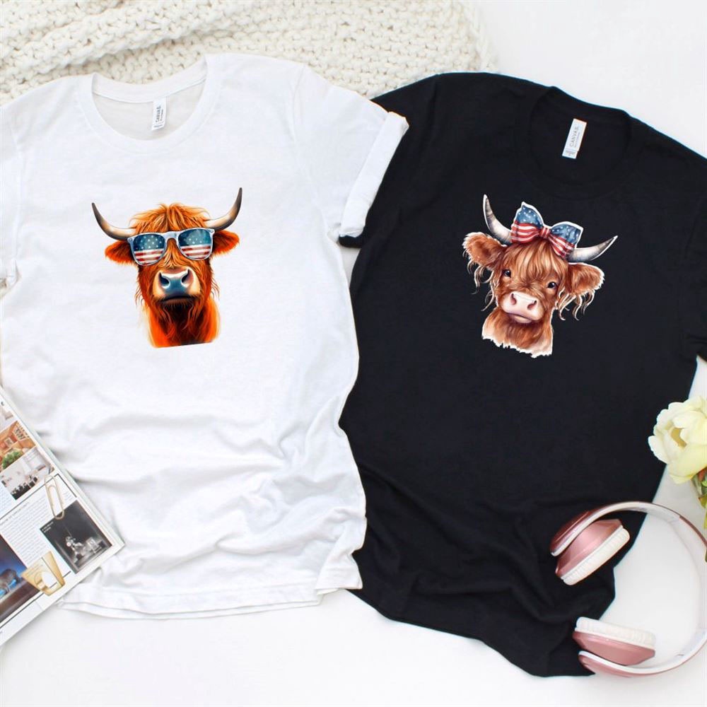 Valentine T-Shirt, Matching Outfits Set, Patriotic Highland Cow 4Th Of July Matching Outfits Party In The Usa Set