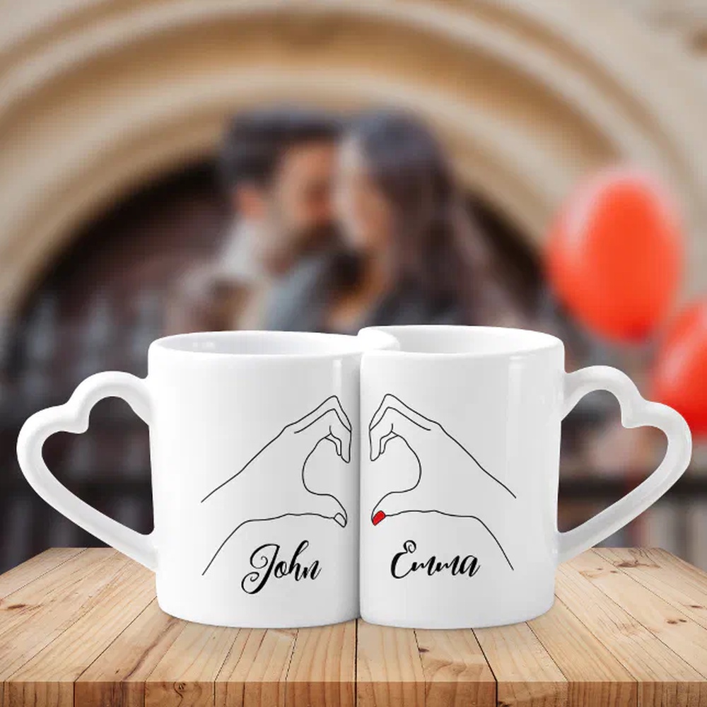 Vanlentine Heart Shaped Mug Set, Custom Couple Name Hand Heart Shape Valentines DayHeart Shaped Mug Set