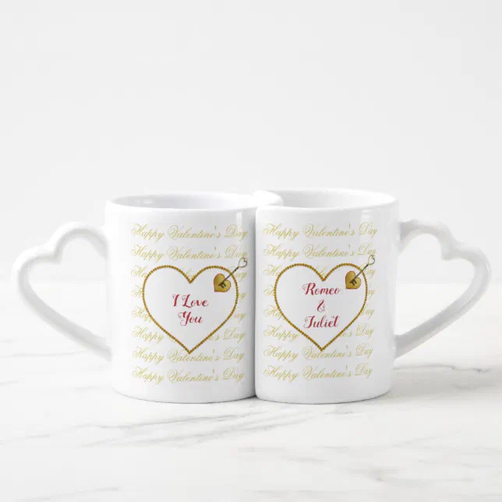Vanlentine Heart Shaped Mug Set, Customized Elegant Chic Romantic Gold Shaped Heart Mug Set Vanlentine Heart Shaped Mug Set, Customized Elegant Chic Romantic Gold Shaped Heart Mug Set