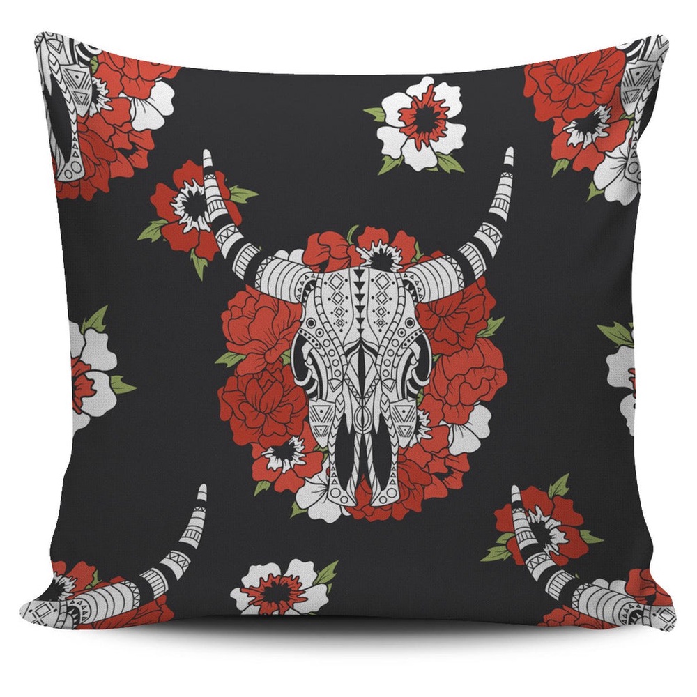 Native American Pillow Case, Bison And Red Flowers Native American Pillow Covers, Native American Pillow Covers