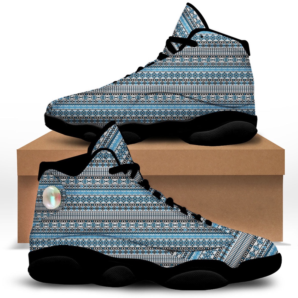 Native American Shoes, American Aztec Blue Native Print Pattern Black Basketball Shoes, Native American Basketball Shoes