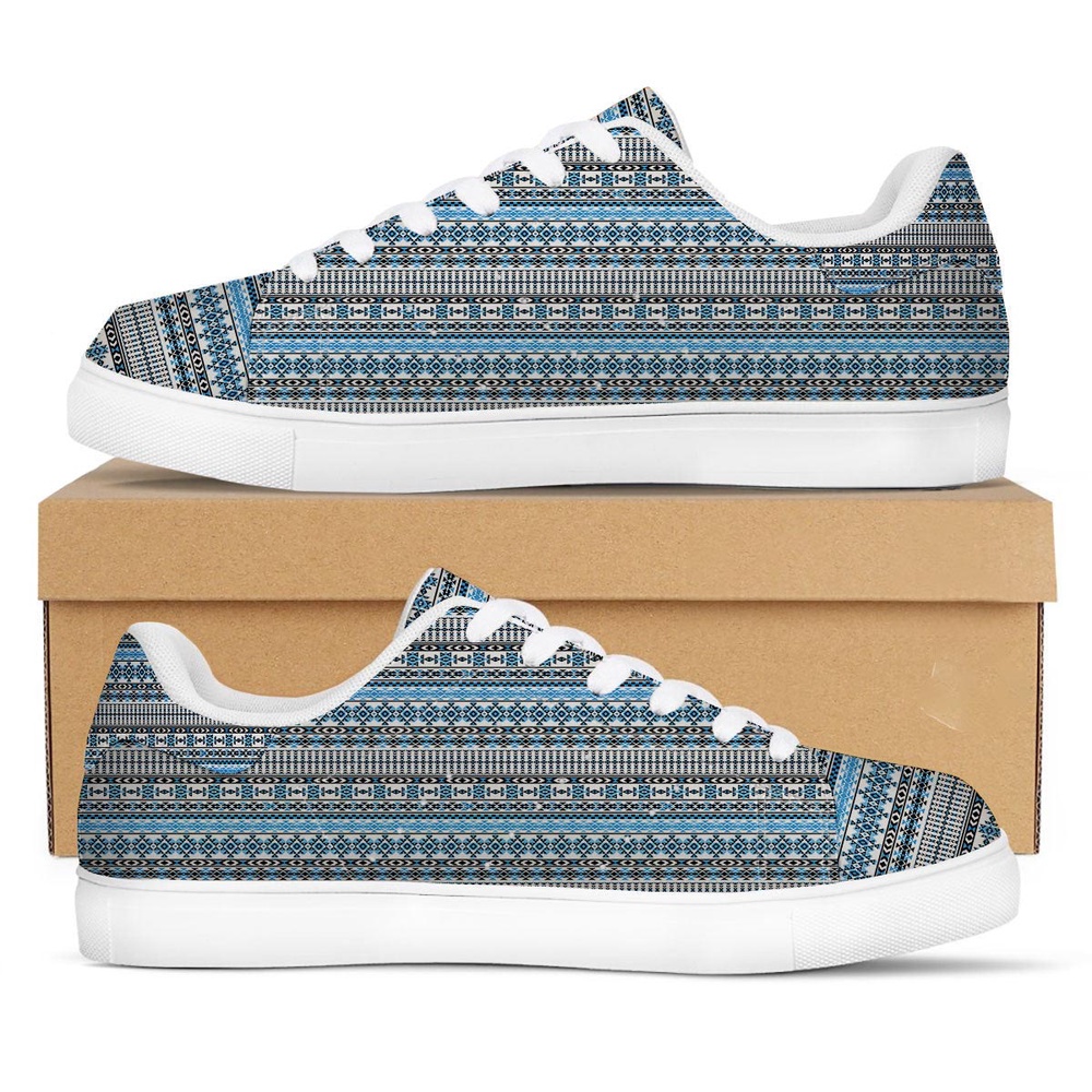 Native American Shoes, American Aztec Blue Native Print Pattern White Low Top Sneakers, Native American Low Top Shoes