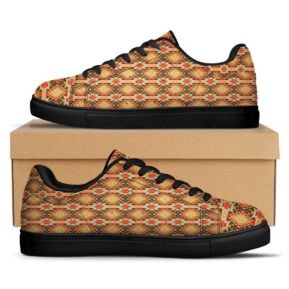 Native American Shoes, American Geometric Native Print Pattern Black Low Top Sneakers, Native American Low Top Shoes