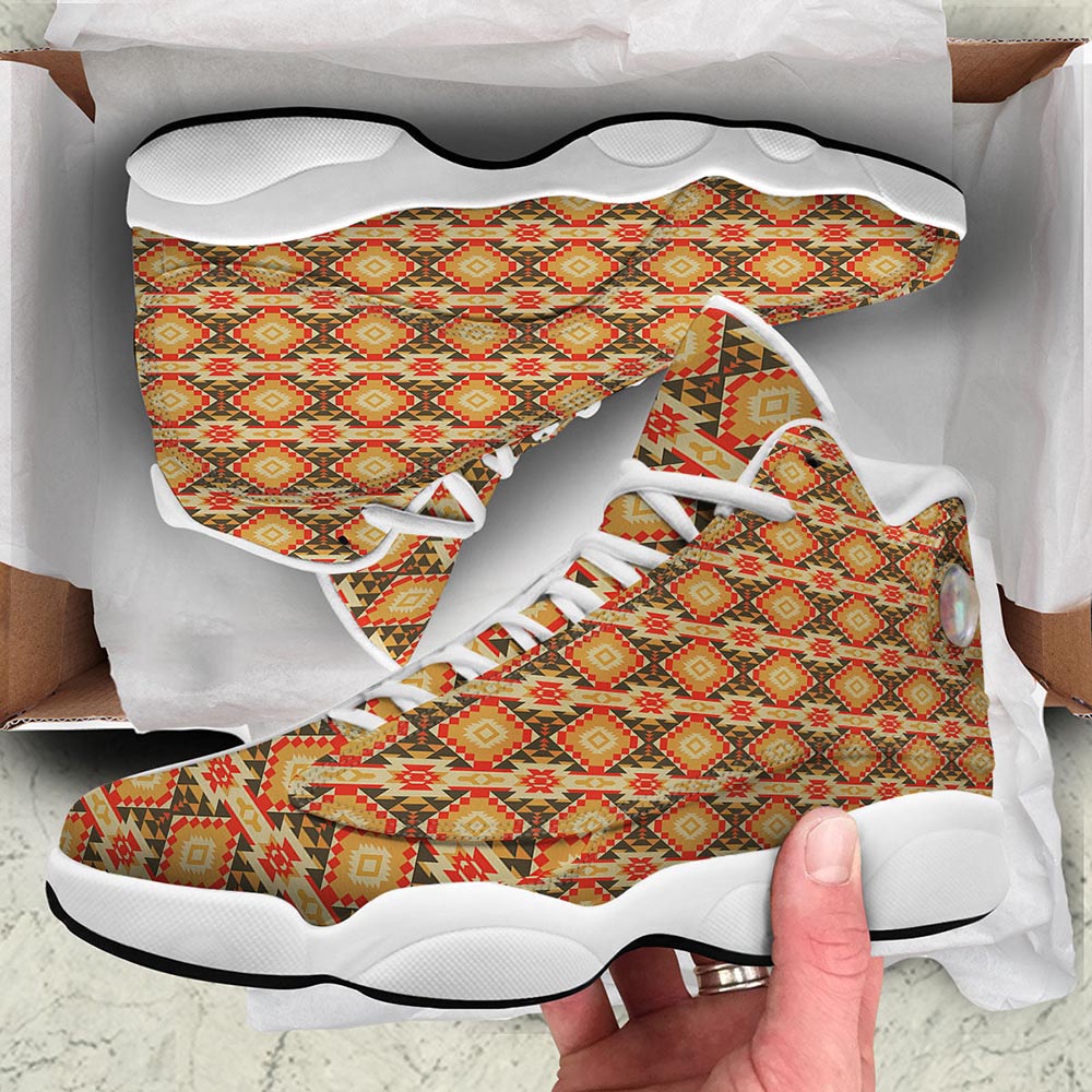 Native American Shoes, American Geometric Native Print Pattern White Basketball Shoes, Native American Basketball Shoes