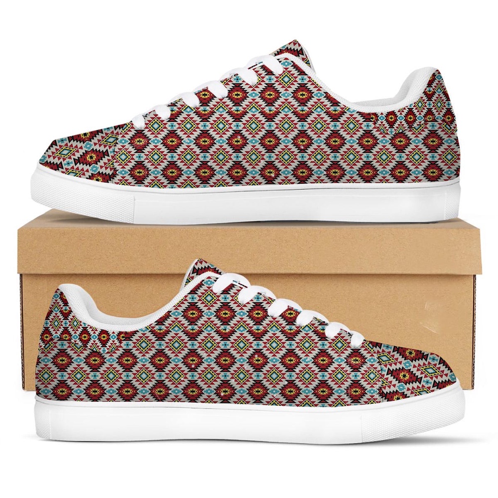 Native American Shoes, American Turquoise Native Print Pattern White Low Top Sneakers, Native American Low Top Shoes