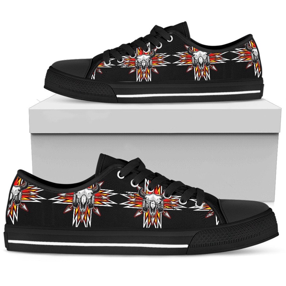 Native American Shoes, Bison Red Arrow Native American Design Low Top Canvas Shoes, Native American Low Top Shoes