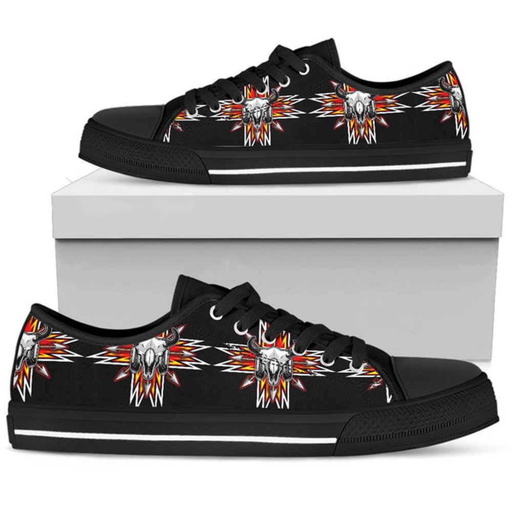 Native American Shoes, Bison Red Arrow Native American Design Low Top Canvas Shoes, Native American Low Top Shoes