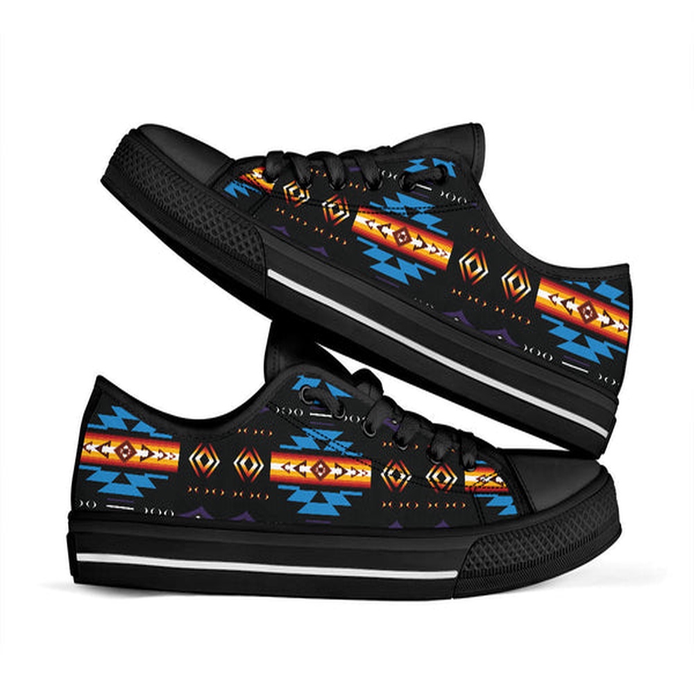 Native American Shoes, Blue Pattern Native Low Top Shoes Black, Native American Low Top Shoes