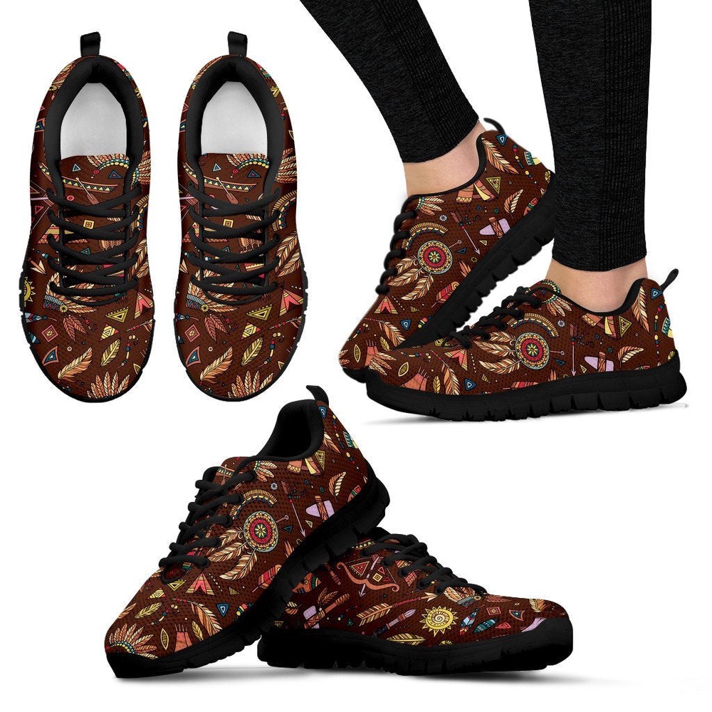 Native American Shoes, Dream Catcher Native American Boho Feather Pattern Print Black Sneaker Shoes For Men Women