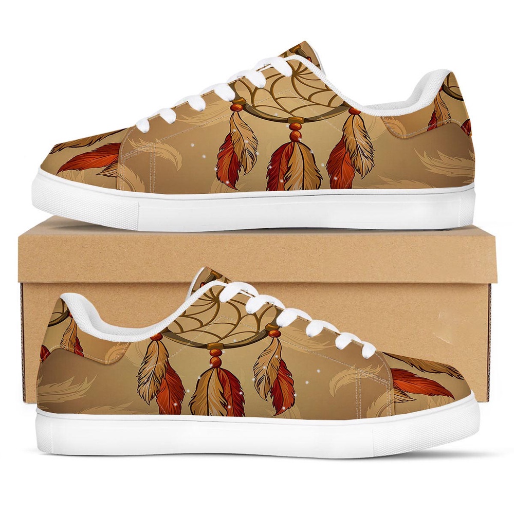 Native American Shoes, Dream Catcher Native American Print White Low Top Sneakers, Native American Low Top Shoes