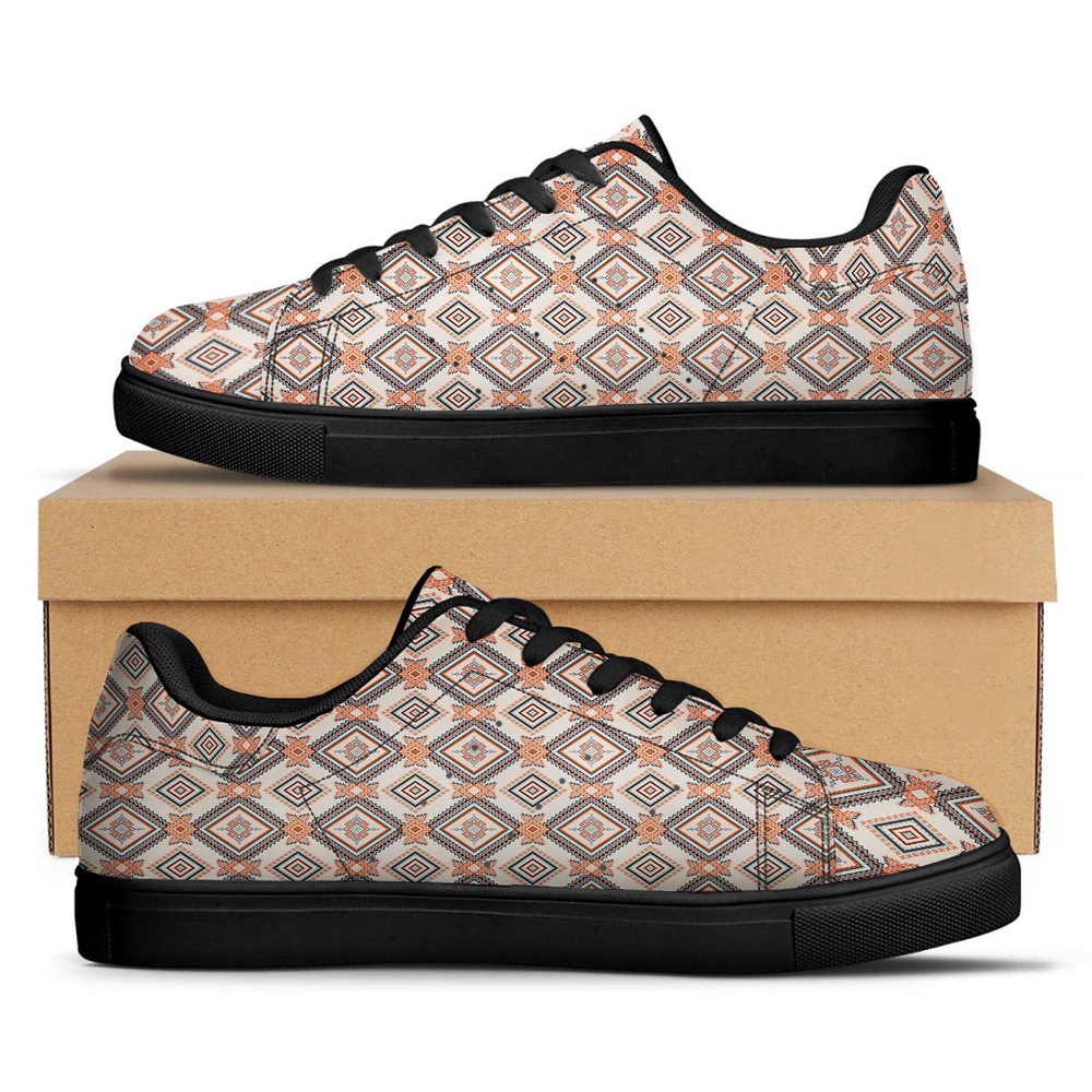 Native American Shoes, Geometric Native American Print Pattern Black Low Top Sneakers, Native American Low Top Shoes