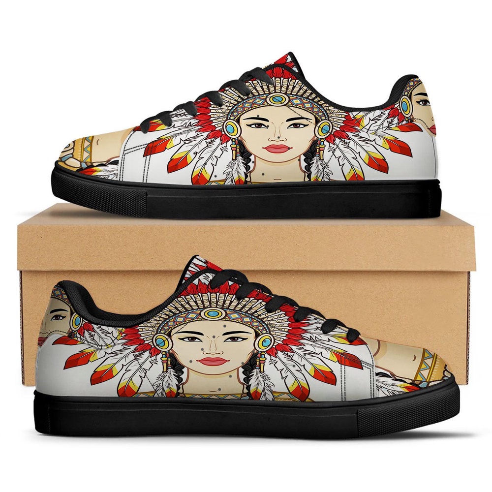 Native American Shoes, Indian Girl Native American Print Black Low Top Sneakers, Native American Low Top Shoes