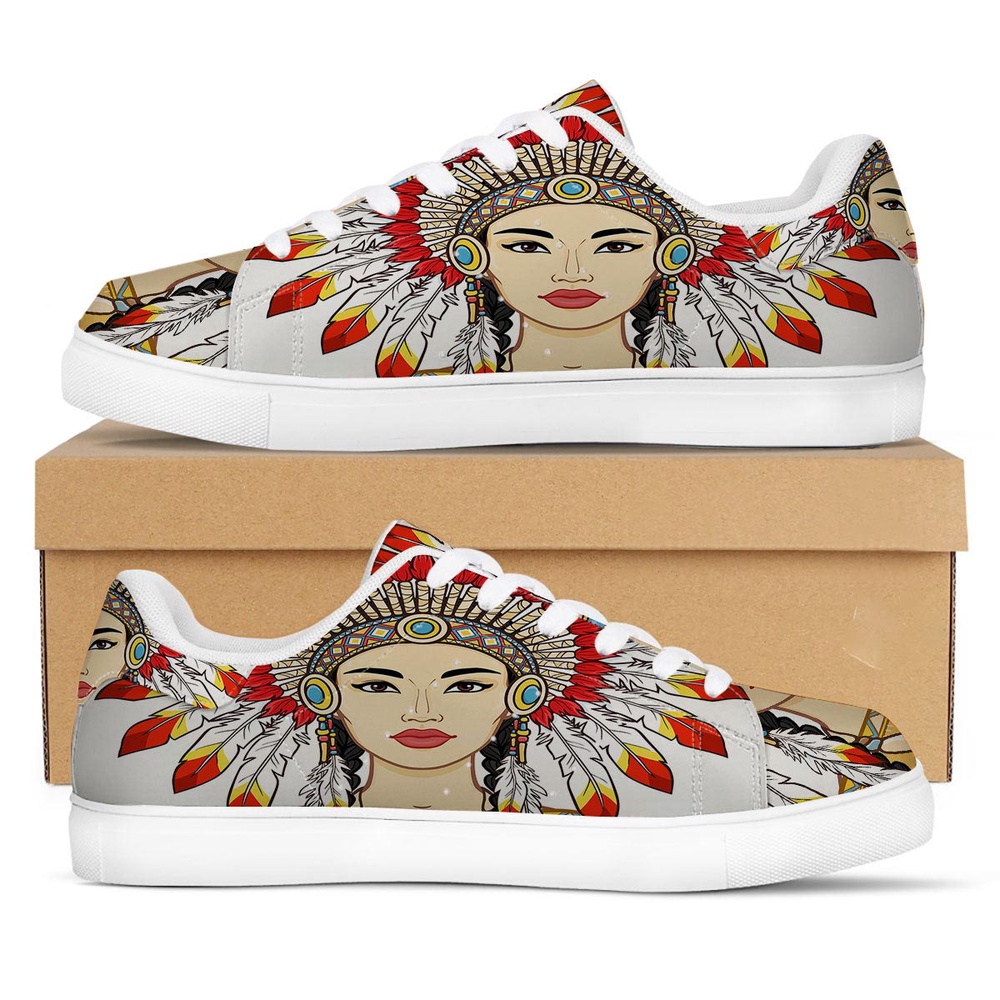 Native American Shoes, Indian Girl Native American Print White Low Top Sneakers, Native American Low Top Shoes