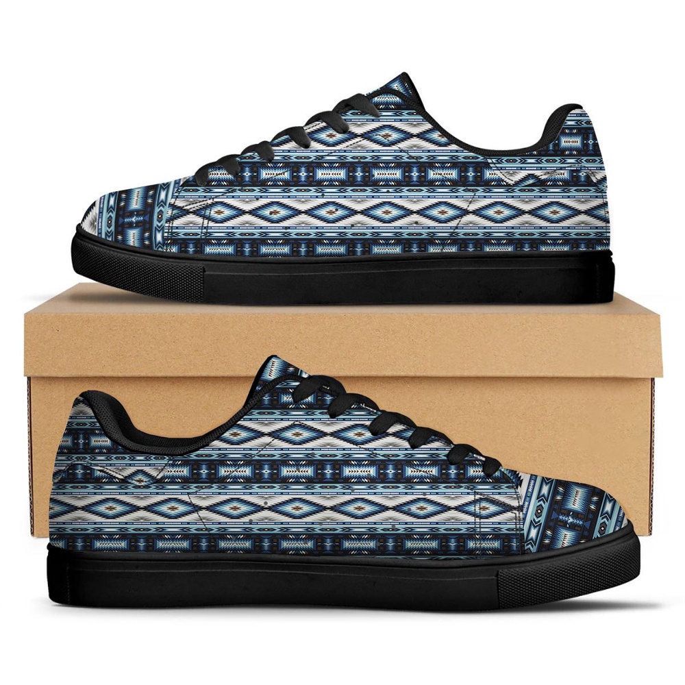 Native American Shoes, Indian Native American Print Pattern Black Low Top Sneakers, Native American Low Top Shoes