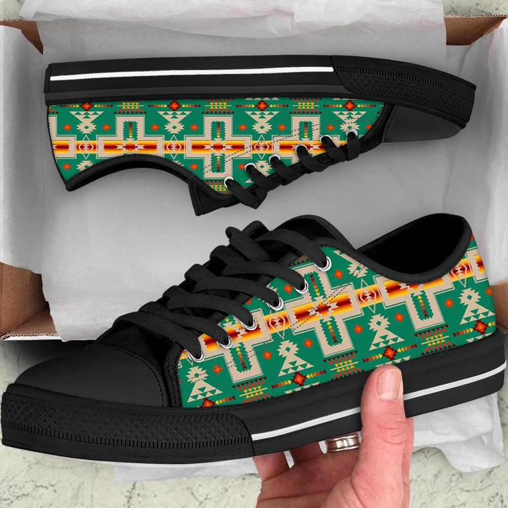 Native American Shoes, Light Green Tribe Design Native American Low Top Canvas Shoe, Native American Low Top Shoes