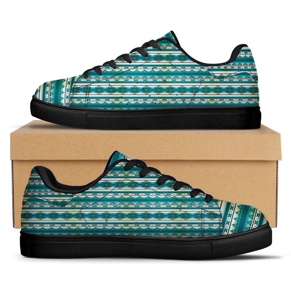 Native American Shoes, Native American Ethnic Print Pattern Black Low Top Sneakers, Native American Low Top Shoes