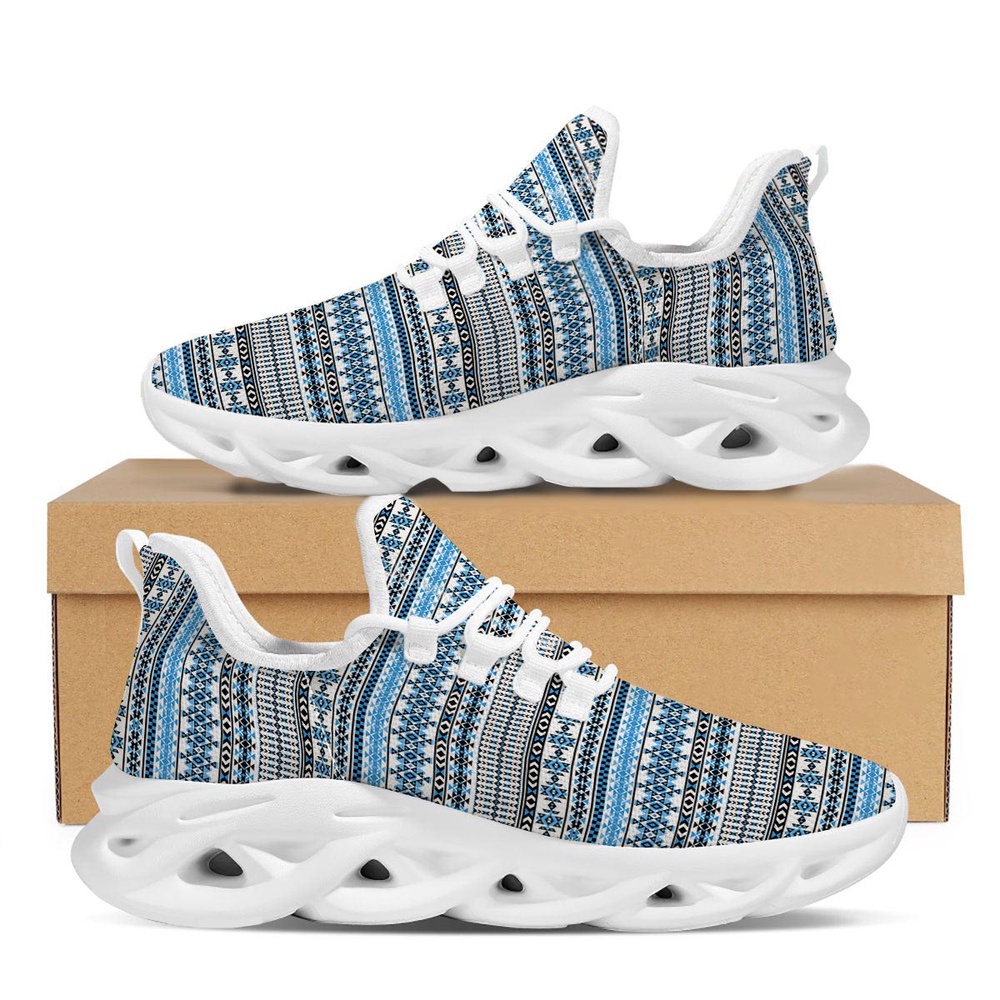 Native American Shoes, Native American Running Shoes, American Aztec Blue Native Print Pattern White Running Shoes