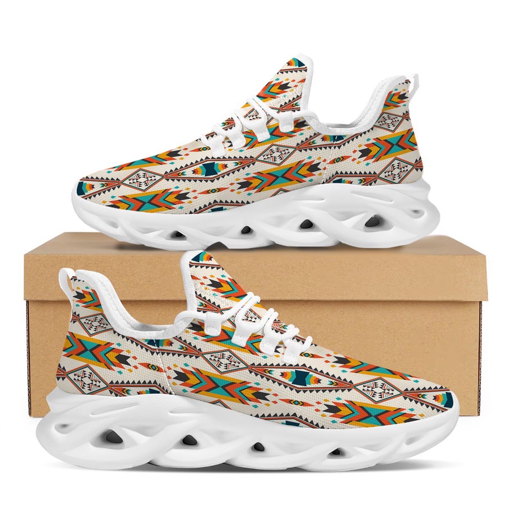 Native American Shoes, Native American Running Shoes, American Tribal Native Print Pattern White Running Shoes