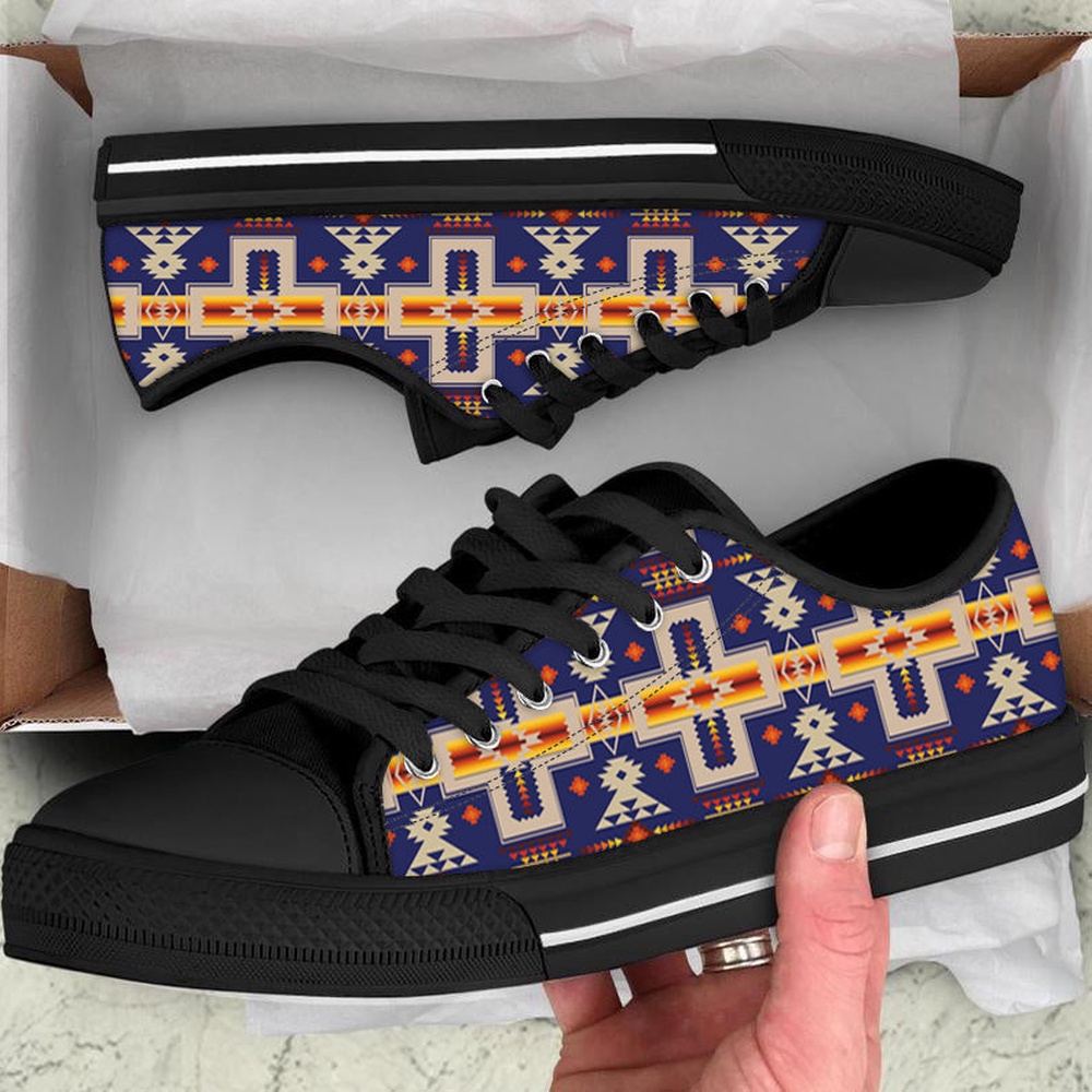 Native American Shoes, Navy Tribe Design Native American Low Top Canvas Shoe, Native American Low Top Shoes