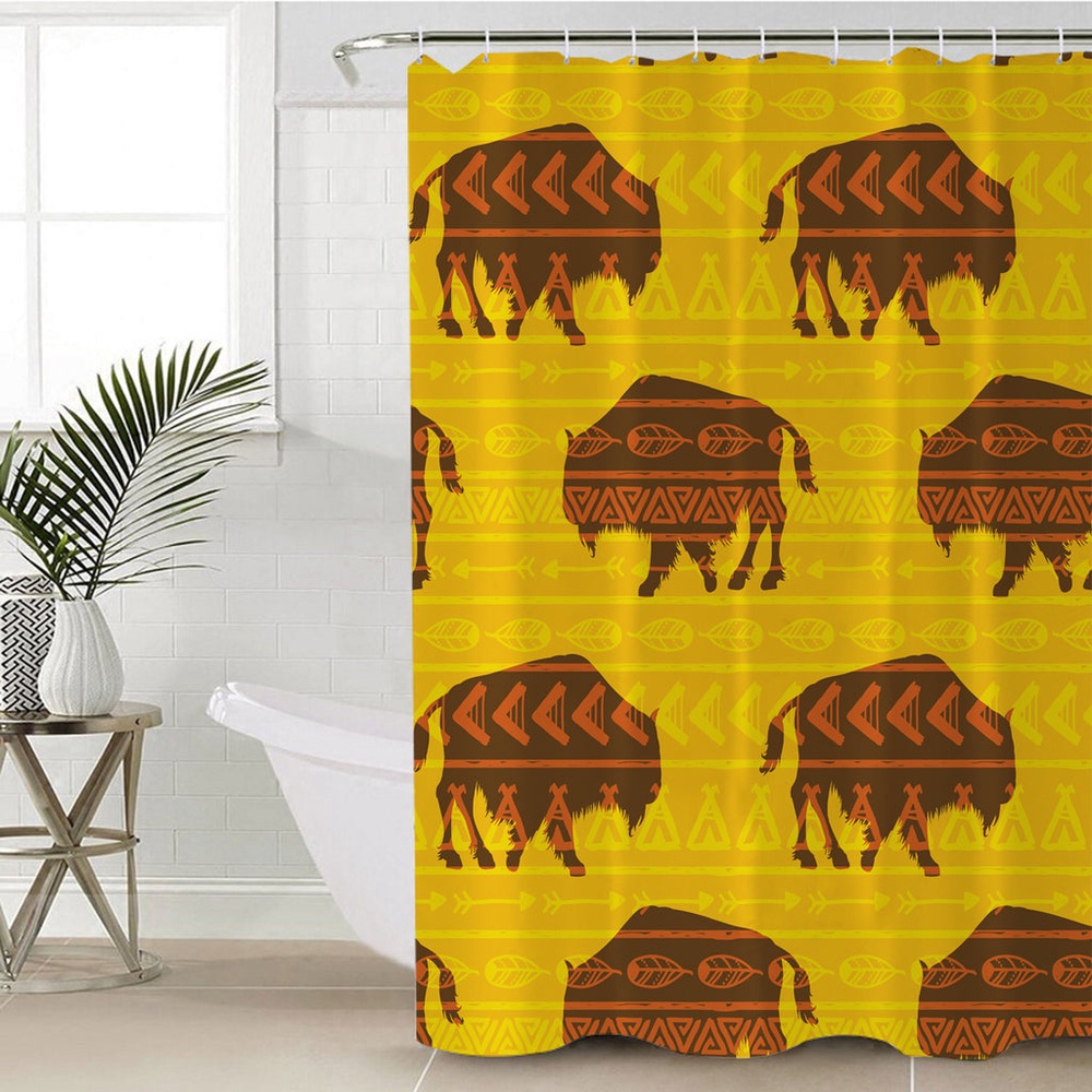 Native American Shower Curtain, Vector Bison Yellow Shower Curtain, Designer Shower Curtains