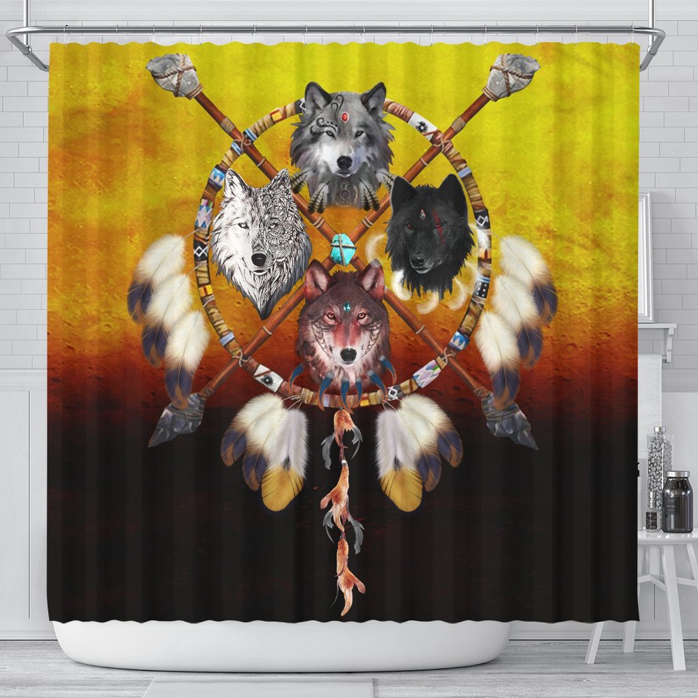 Native American Shower Curtain, Wolves Warrior Native American Design Shower Curtain, Designer Shower Curtains