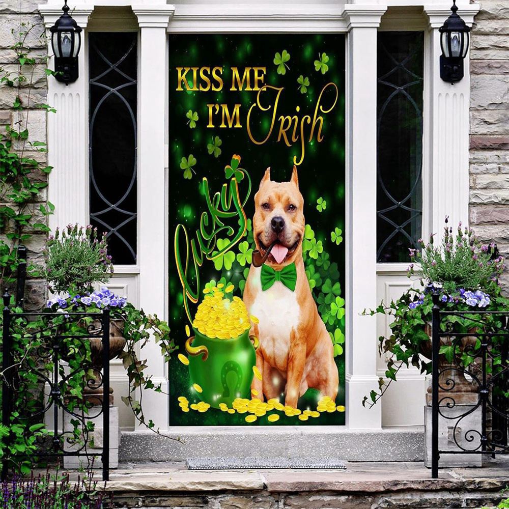 Pit Bull Kiss Me I’m Irish St Patrick’s Day Door Cover, St Patrick’s Day Door Cover, St Patrick’s Day Door Decor