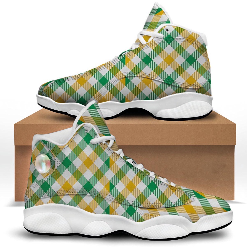 St Patrick’s Day Shoes, Patrick’s Day Irish Plaid Print White Basketball Shoes St Patrick’s Day Shoes, Patrick’s Day Irish Plaid Print White Basketball Shoes