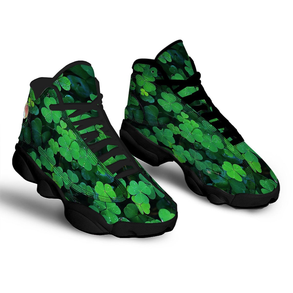 St Patrick’s Day Shoes, St. Patrick’s Day Shamrock Clover Print Black Basketball Shoes