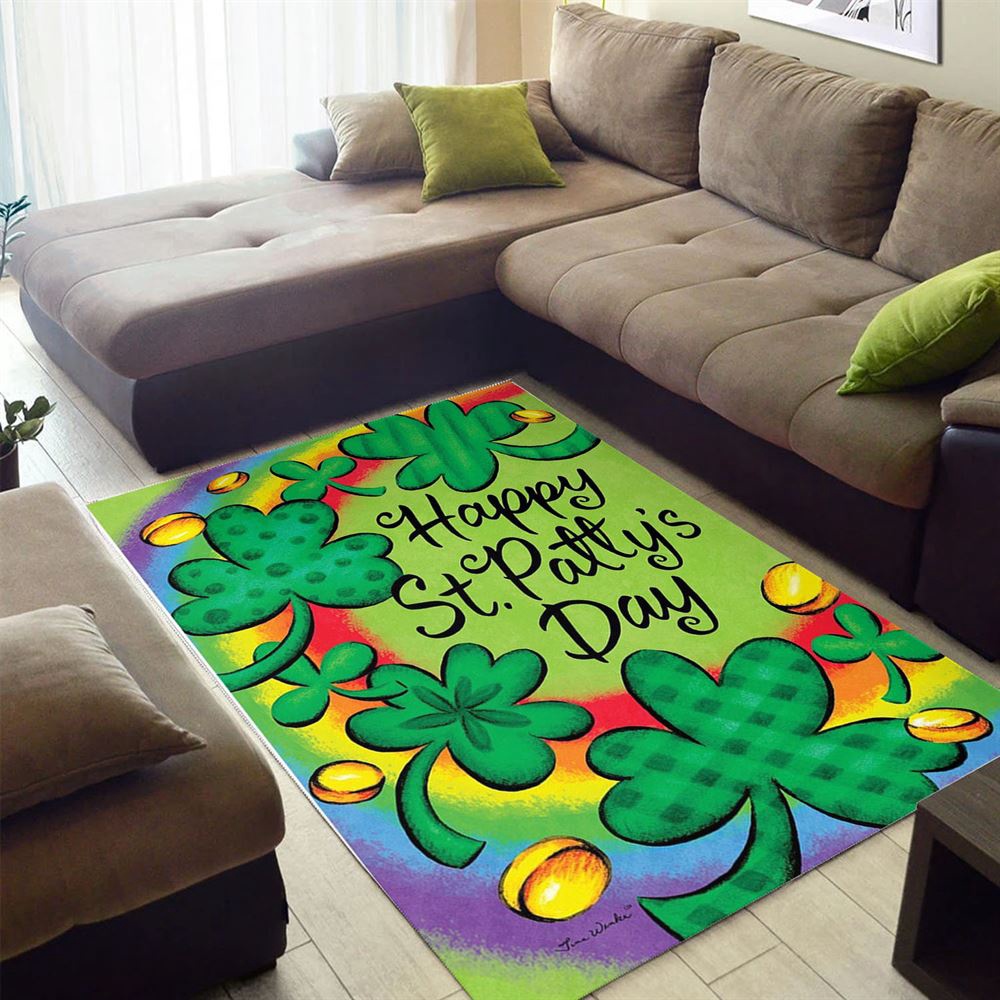 St Patricks Day Rug, Clovers And Rainbow Rug