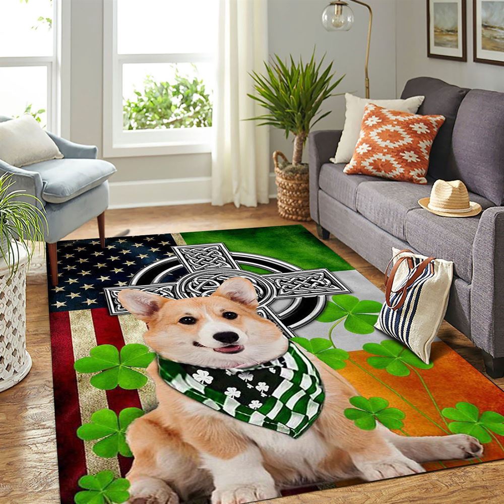 St Patricks Day Rug, Corgi Irish Cross Clover St Patrick’s Day Rugs