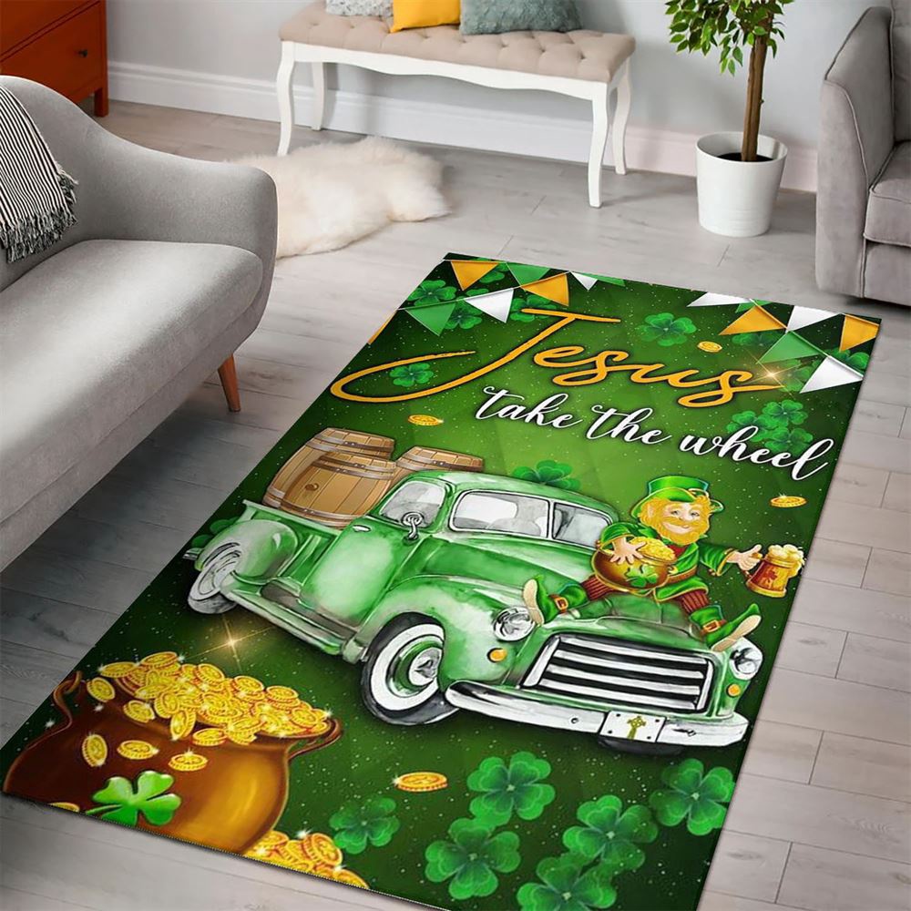 St Patricks Day Rug, Jesus Take The Wheel Happy St Patrick Day Rug