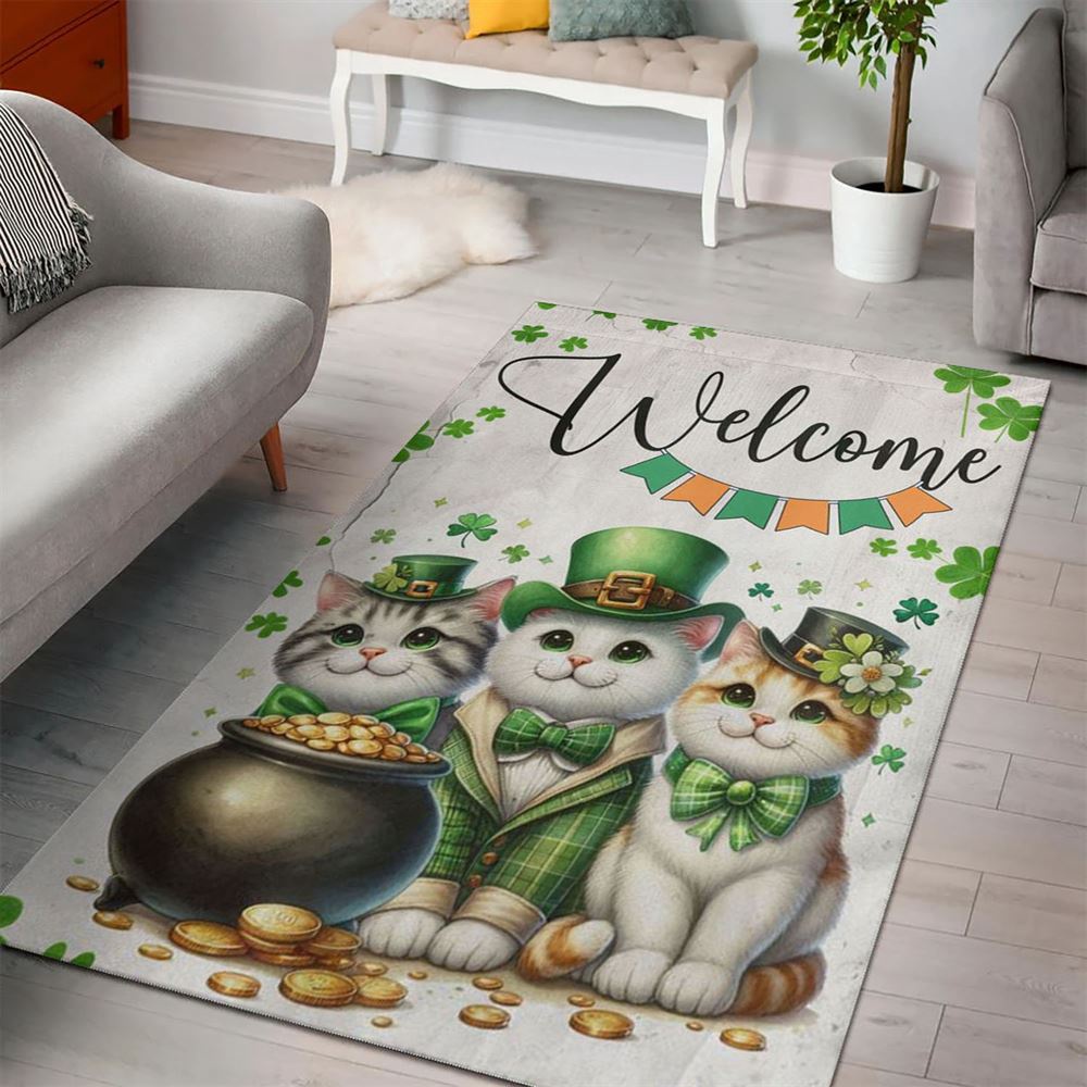 St Patricks Day Rug, St Patrick’s Day Cat Rugs, Welcome Cat Clovers