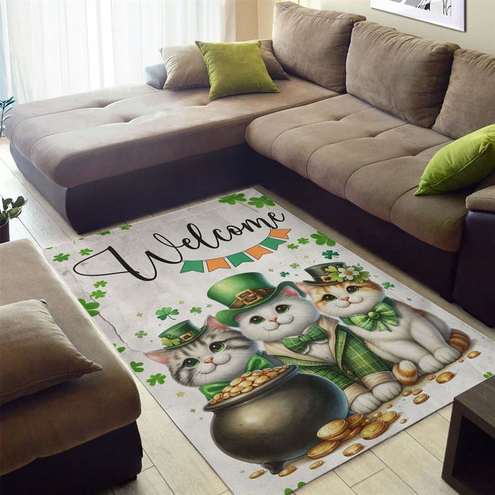 St Patricks Day Rug, St Patrick’s Day Cat Rugs, Welcome Cat Clovers