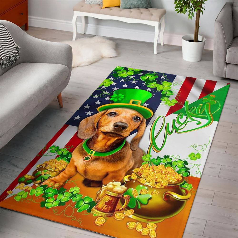St Patricks Day Rug, St Patricks Day Yellow Dachshund Happy Rug