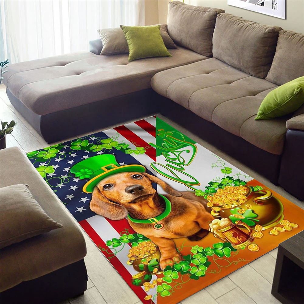 St Patricks Day Rug, St Patricks Day Yellow Dachshund Happy Rug