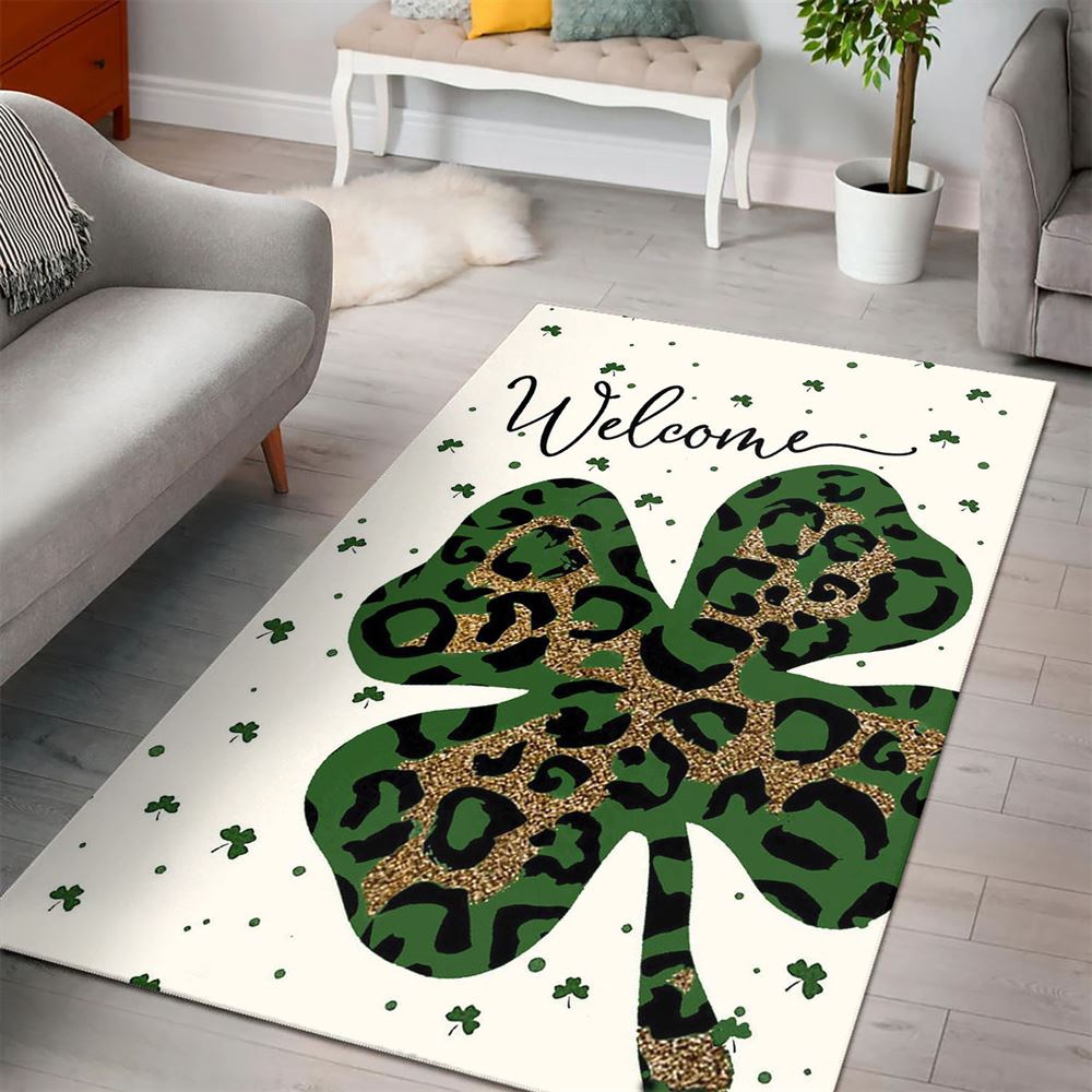 St Patricks Day Rug, Welcome St Patrick’s Day Leopard Shamrock Clover Rug